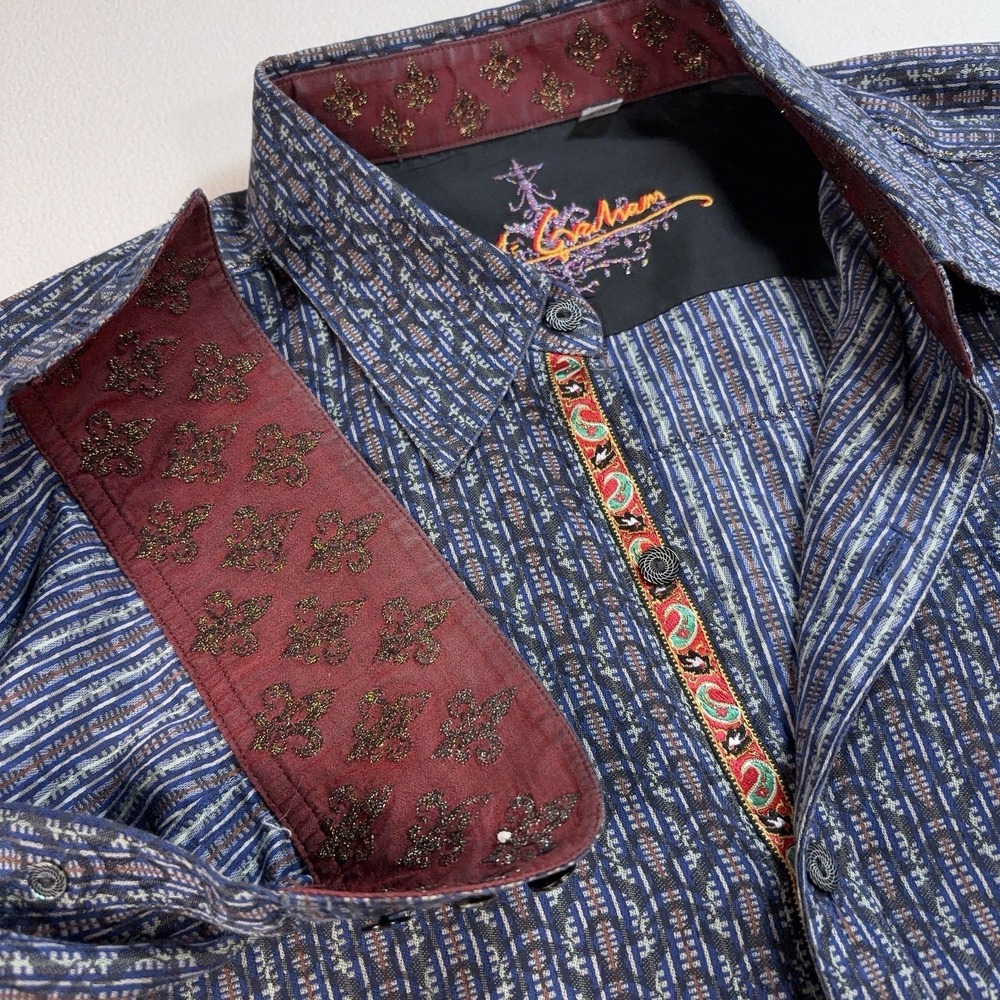 Robert Graham Shirt Men's XL Gray Stripe Geometric Paisley Flip Cuff Button Up‎